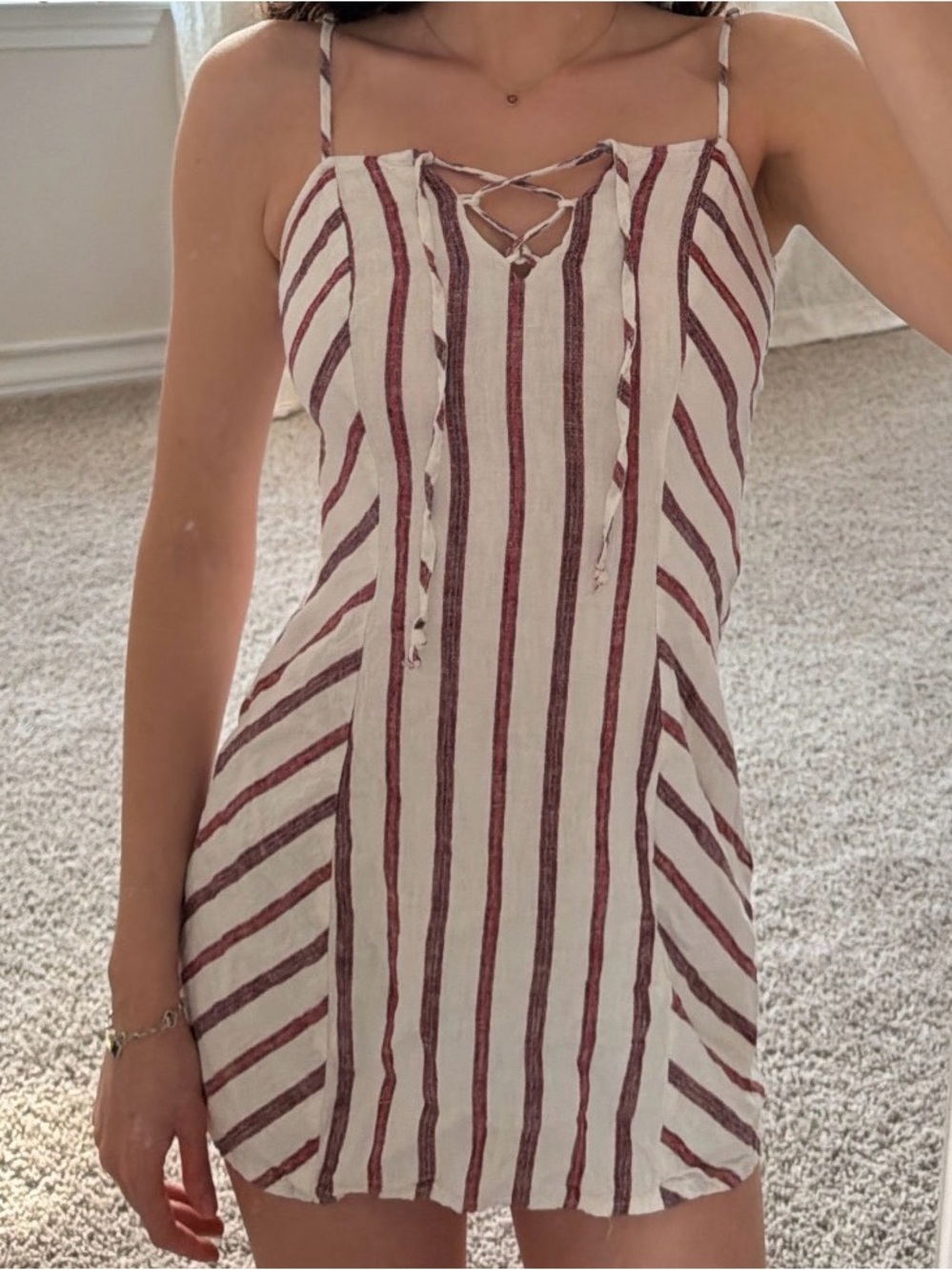 Aeropostale Striped Spaghetti Strap Mini Dress in White and Burgundy